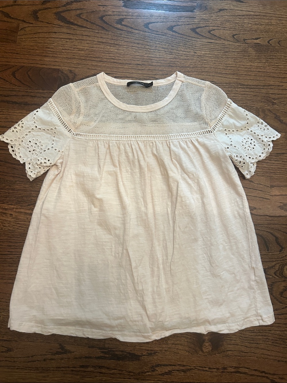 Doe & Rae Cream Eyelet Mesh Yoke Short Sleeve Top